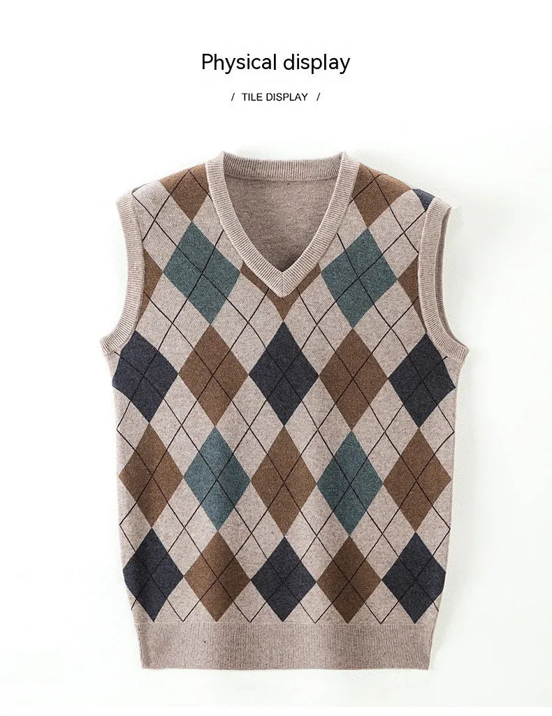 Men's V-neck sleeveless knit vest in medium gray with wool blend, regular fit pullover style for autumn winter daily wear