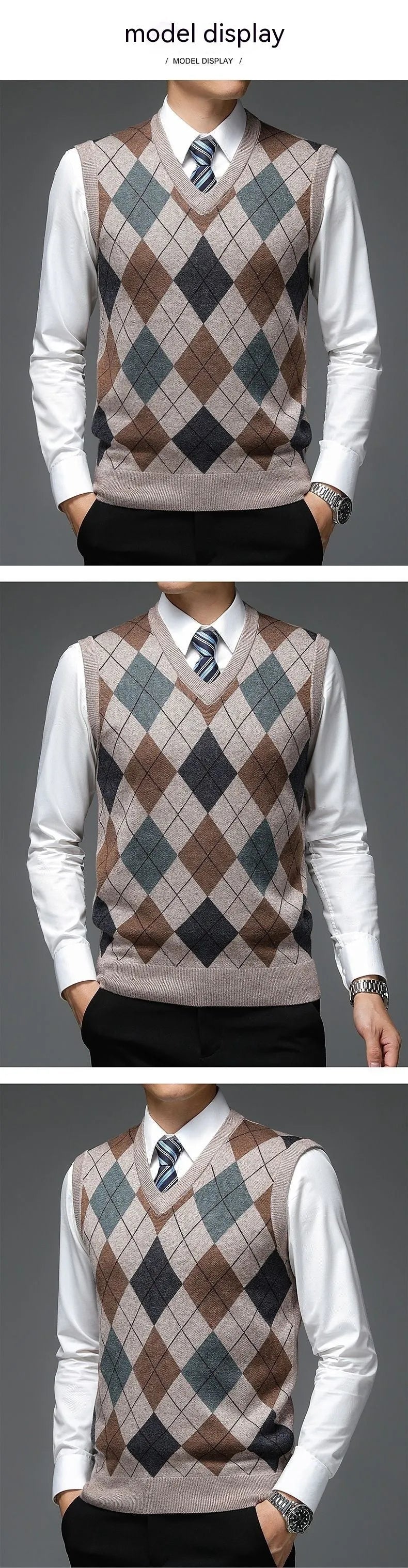 Men's V-neck sleeveless knit vest in medium gray with wool blend, regular fit pullover style for autumn winter daily wear