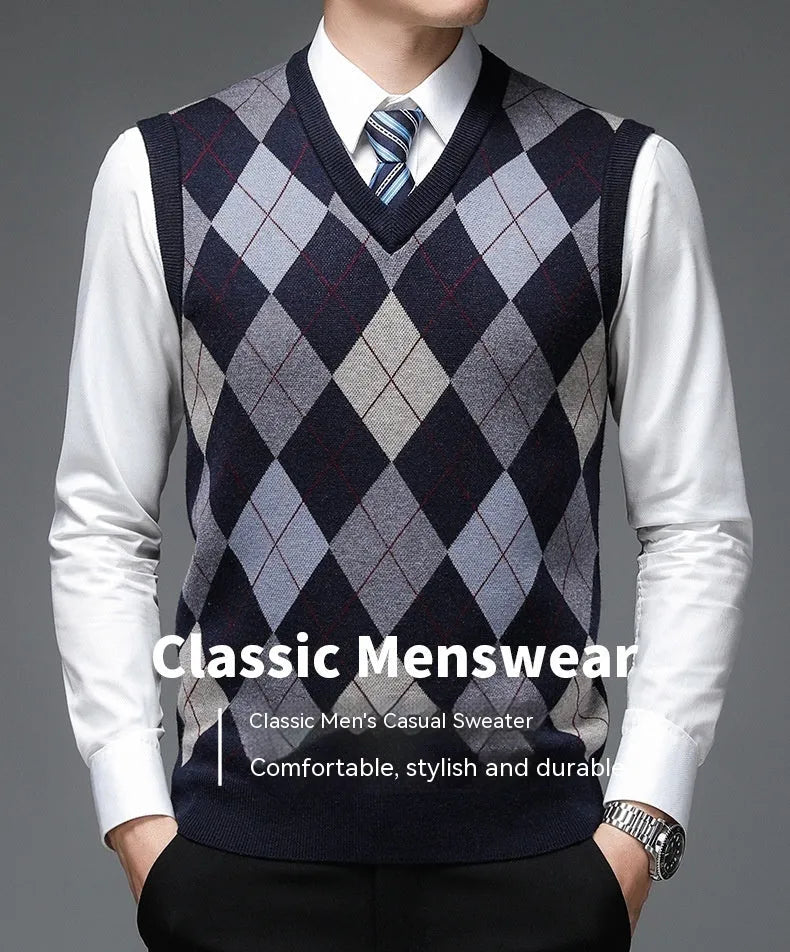 Men's V-neck sleeveless knit vest in medium gray with wool blend, regular fit pullover style for autumn winter daily wear