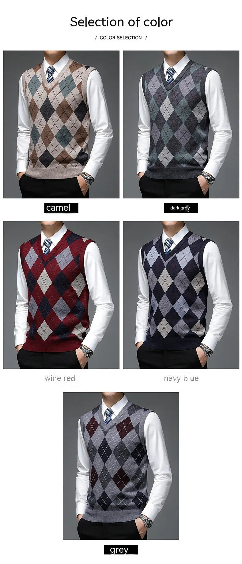 Men's V-neck sleeveless knit vest in medium gray with wool blend, regular fit pullover style for autumn winter daily wear
