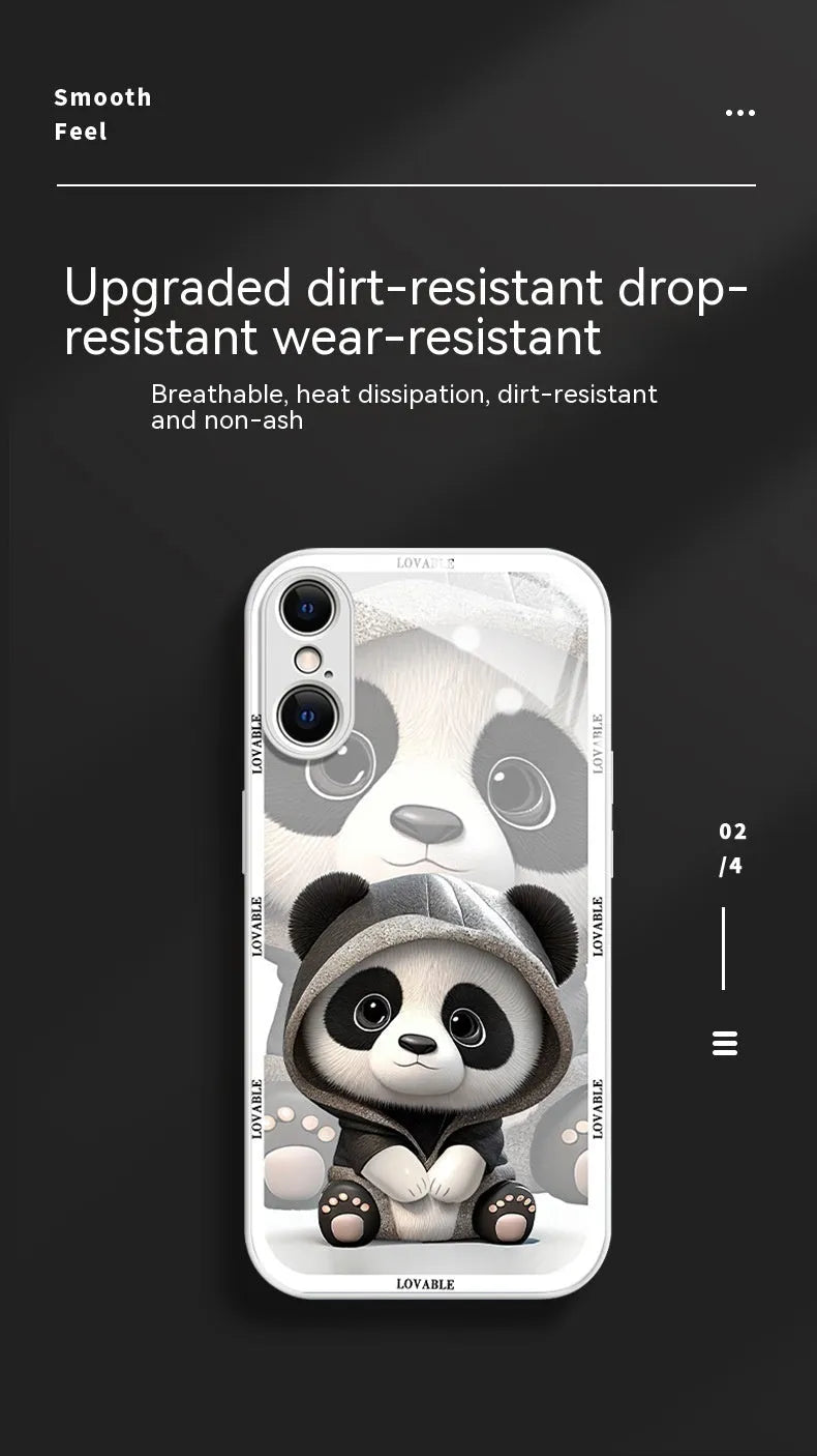 Glass liquid silicone shockproof phone case for iPhone with panda design, black shell, full coverage