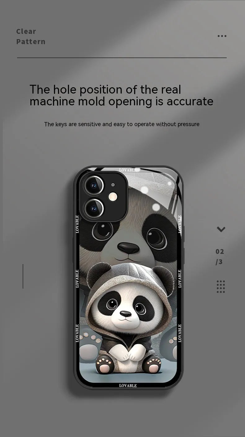 Glass liquid silicone shockproof phone case for iPhone with panda design, black shell, full coverage