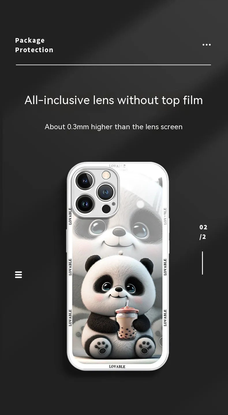 Glass liquid silicone shockproof phone case for iPhone with panda design, black shell, full coverage