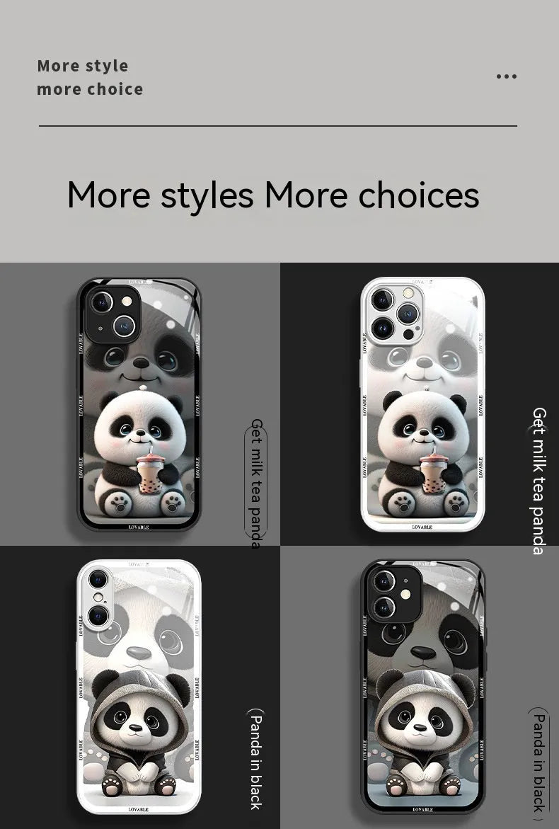 Glass liquid silicone shockproof phone case for iPhone with panda design, black shell, full coverage