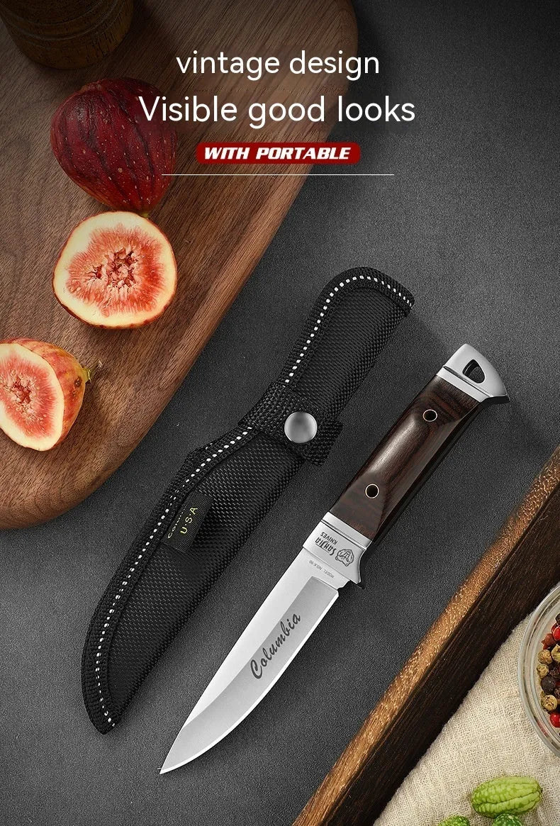 Camping multifunctional portable fruit knife with leather case and stainless steel blade