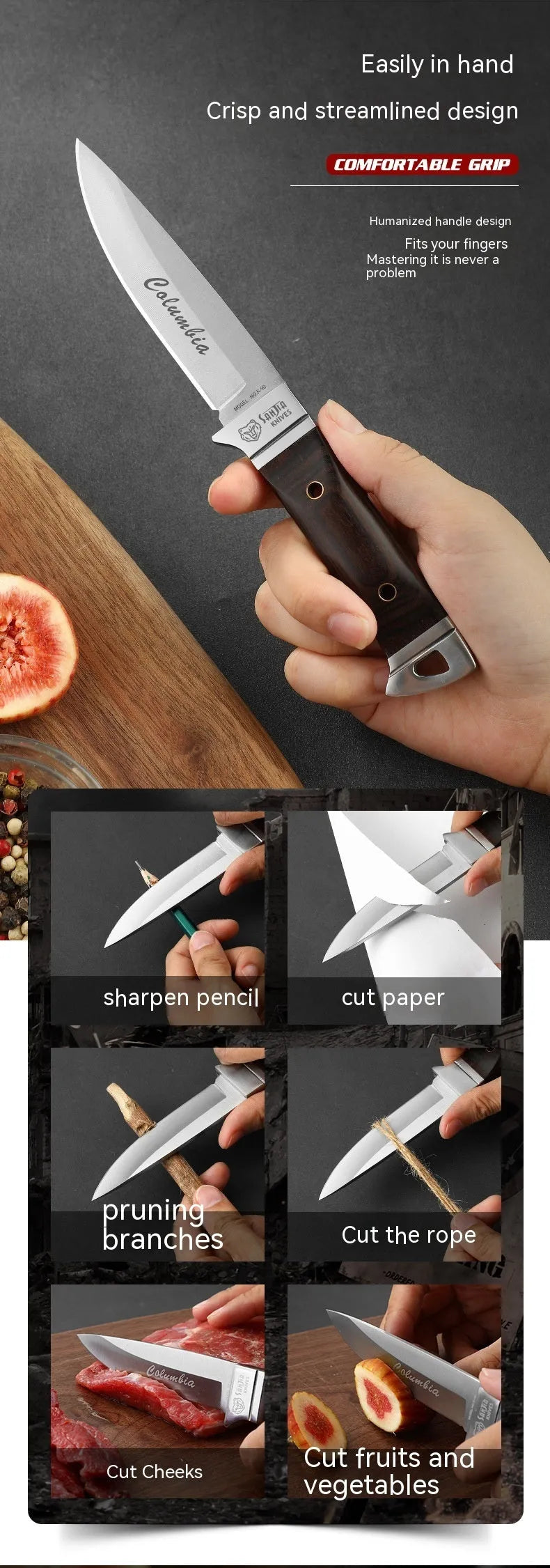 Camping multifunctional portable fruit knife with leather case and stainless steel blade