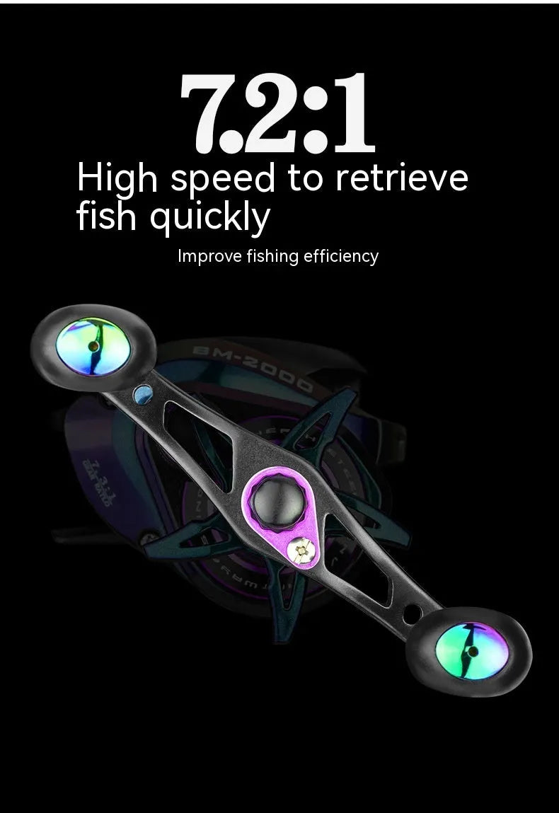 BM2000 model fishing reel showing left-hand and right-hand retrieve options with magnet brake system.