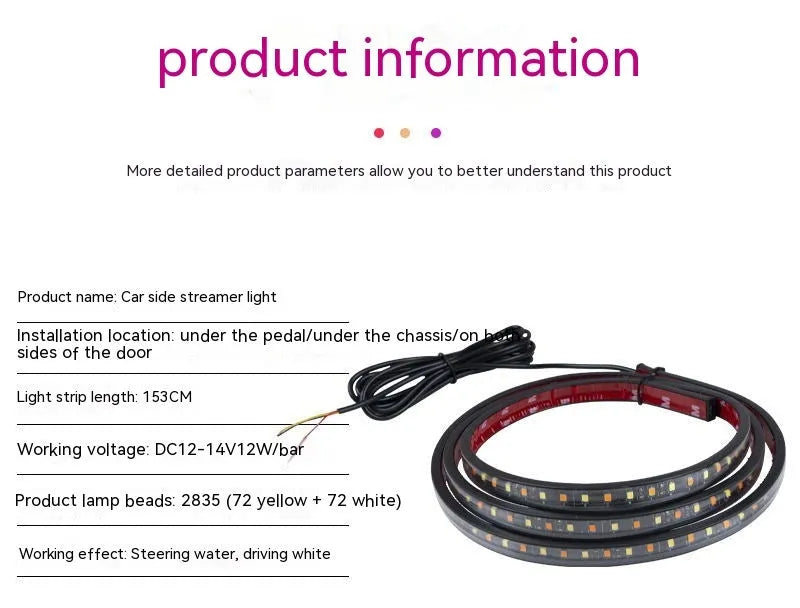 60-inch white-yellow LED underglow car lights with streamer effect and side steering illumination