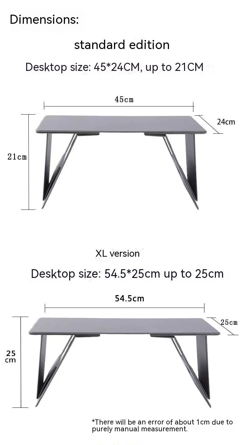 Foldable wooden laptop stand in black with storage area and folded legs on a flat surface