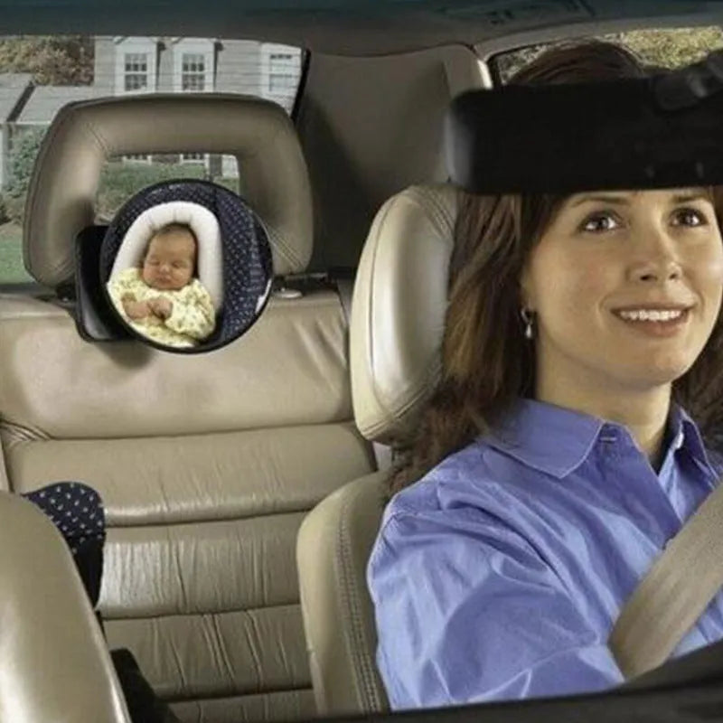 Black baby car rearview mirror with 17cm glass mounted on adjustable strap for rear-facing safety seats