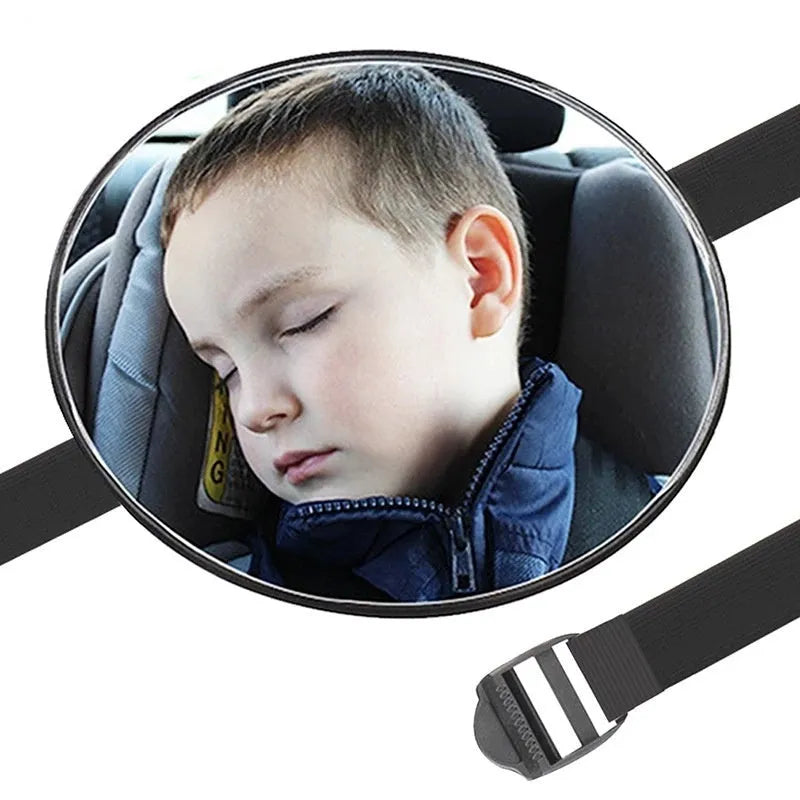 Black baby car rearview mirror with 17cm glass mounted on adjustable strap for rear-facing safety seats