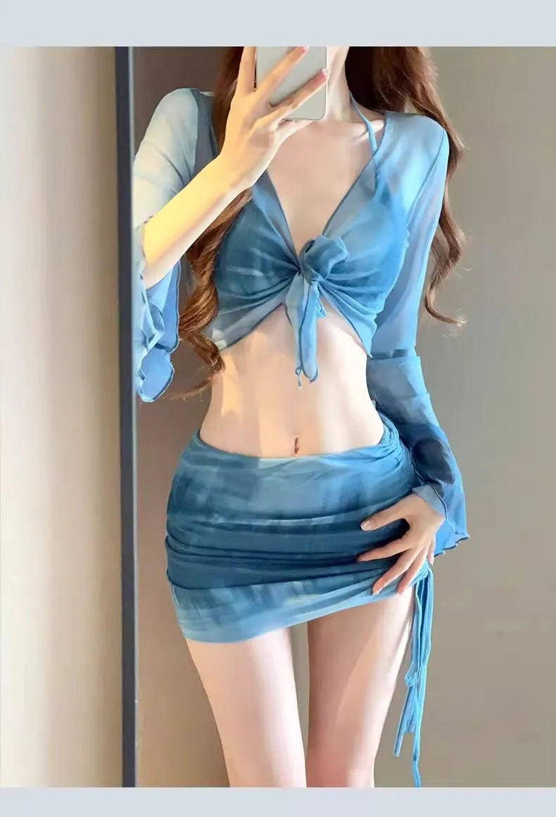 Women's blue high-waist bikini four-piece swimsuit set with shirt and skirt