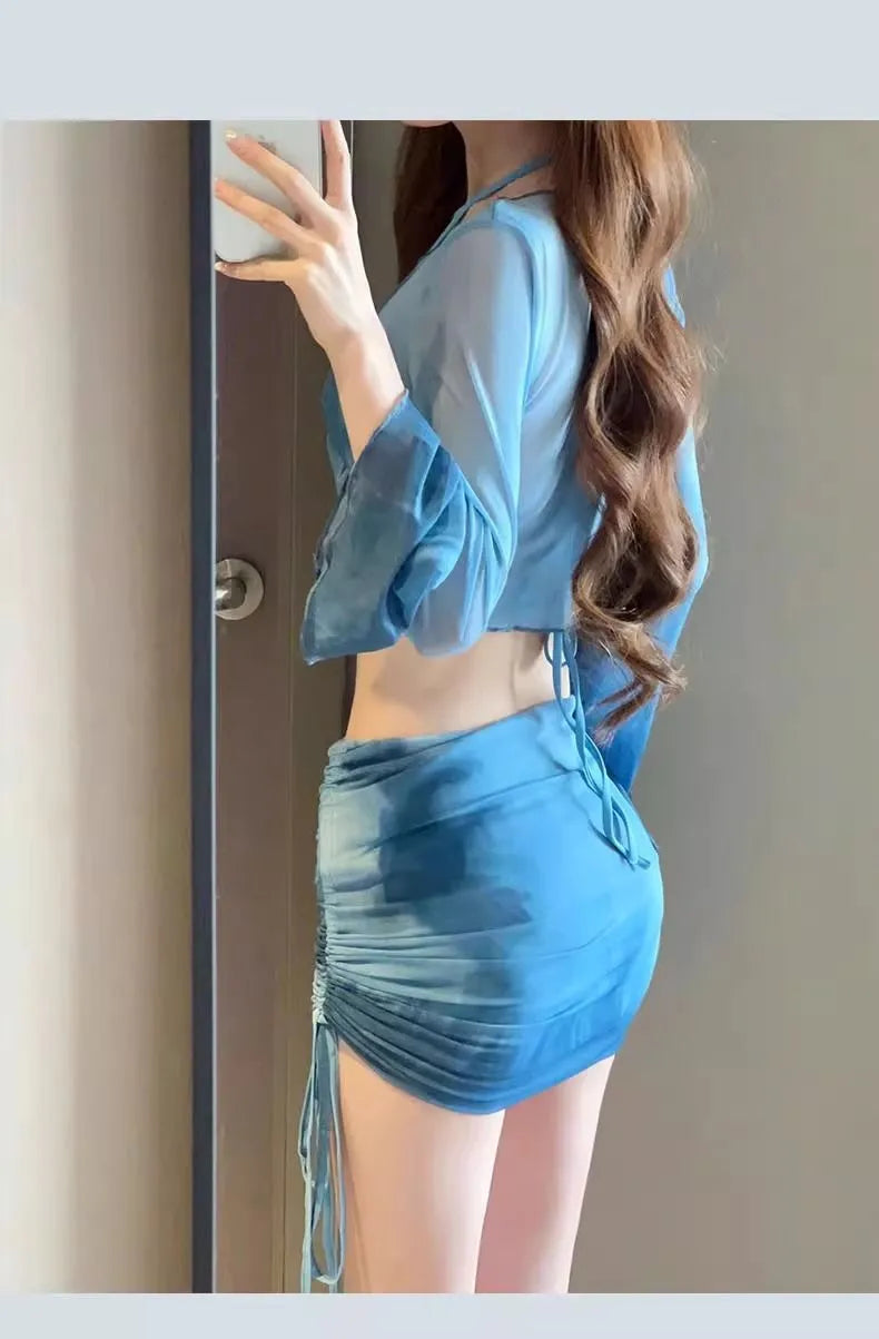 Women's blue high-waist bikini four-piece swimsuit set with shirt and skirt
