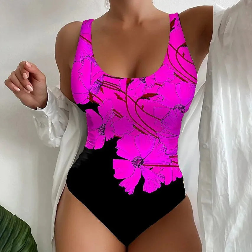 Women's 3D printed one-piece swimsuit in Lycra fabric available in orange red, sky blue, and purple colours