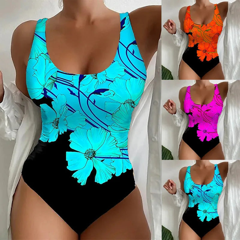 Women's 3D printed one-piece swimsuit in Lycra fabric available in orange red, sky blue, and purple colours