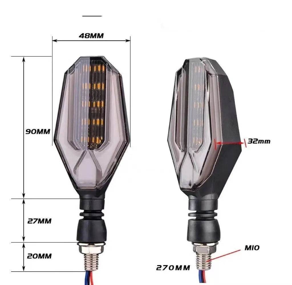 Motorcycle modified two-colour light guide 30 LED steering indicator signal set showing light guide colours