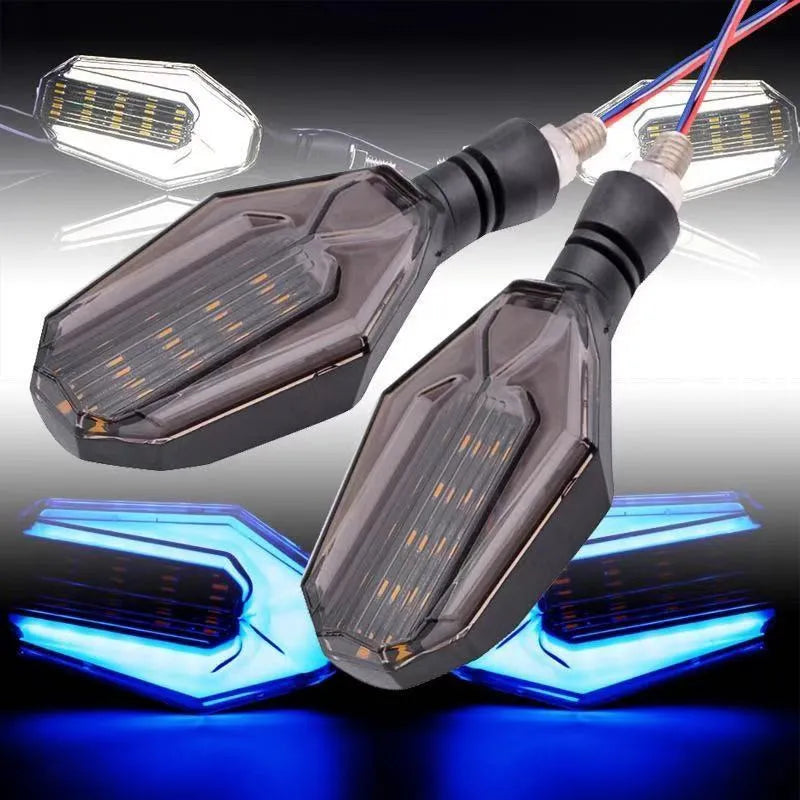 Motorcycle modified two-colour light guide 30 LED steering indicator signal set showing light guide colours