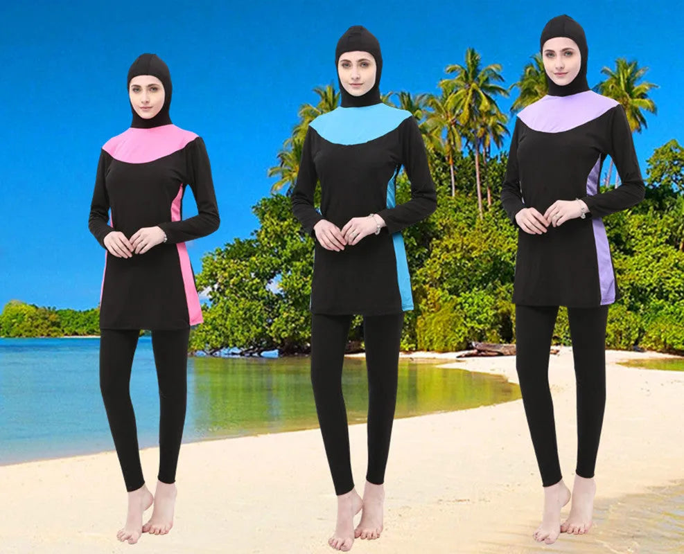 Conservative women's hooded swimsuit with long sleeves in black with colour trim