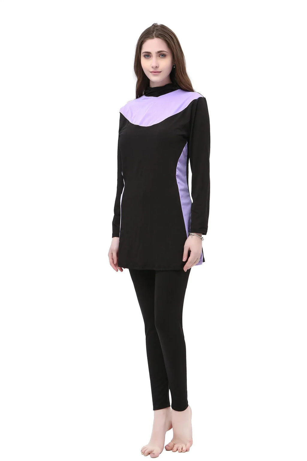 Conservative women's hooded swimsuit with long sleeves in black with colour trim