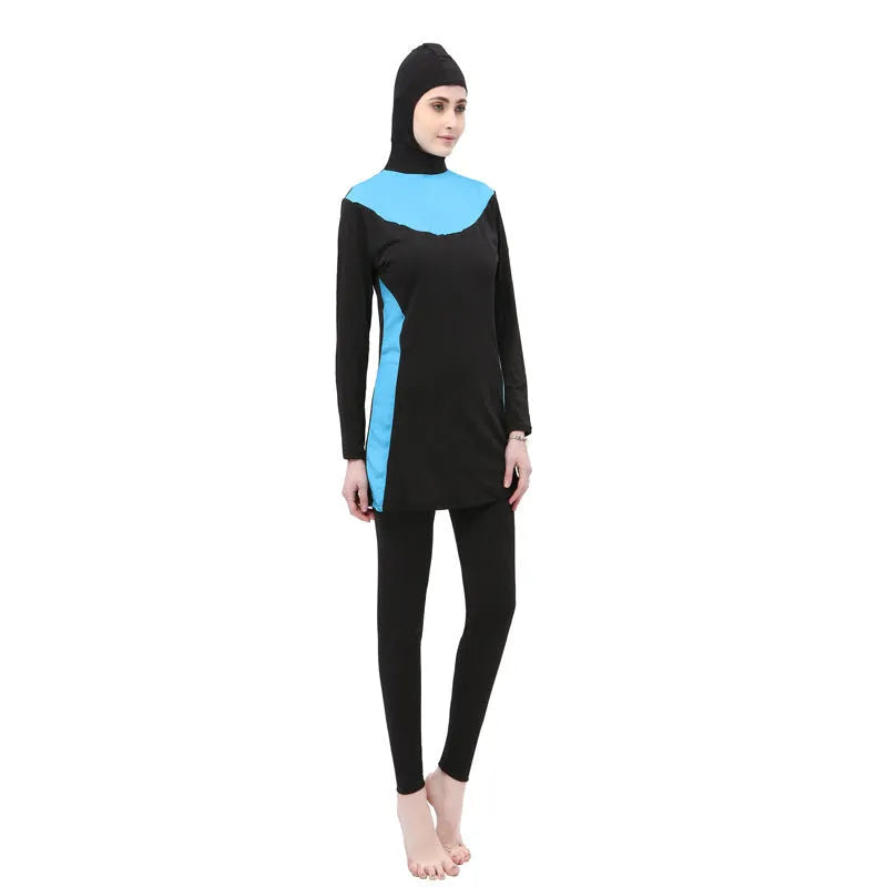 Conservative women's hooded swimsuit with long sleeves in black with colour trim