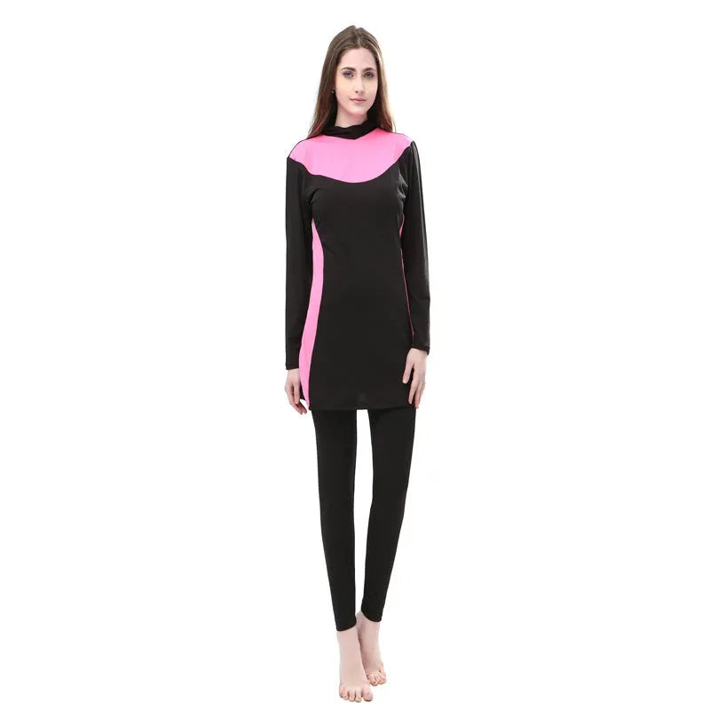 Conservative women's hooded swimsuit with long sleeves in black with colour trim