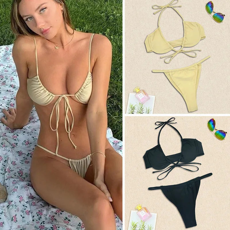 Women's black and mint green nylon bikini swimsuit two-piece set