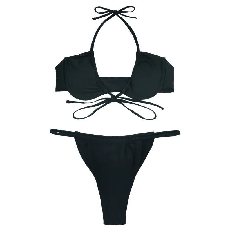 Women's black and mint green nylon bikini swimsuit two-piece set