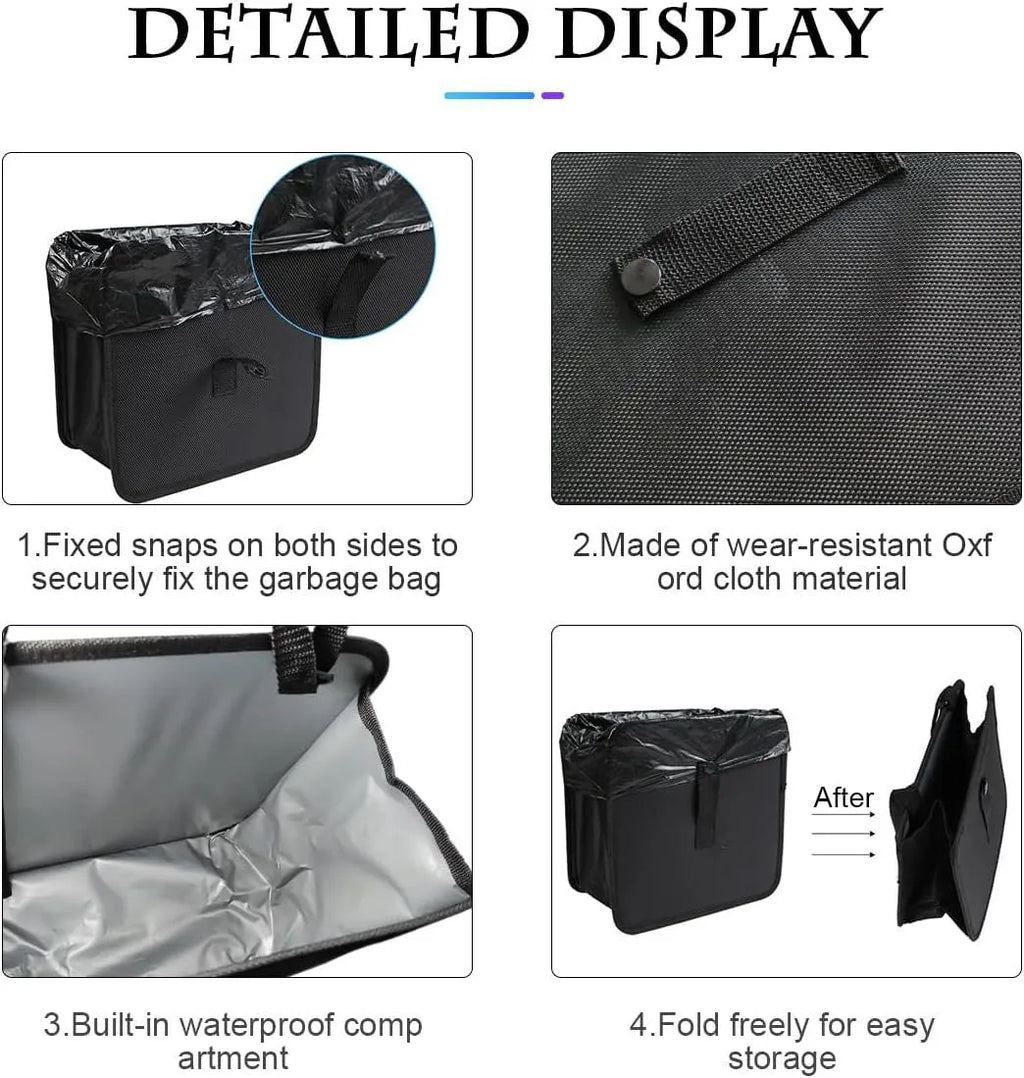 Black car folding trash can made from waterproof Oxford cloth, shown hanging