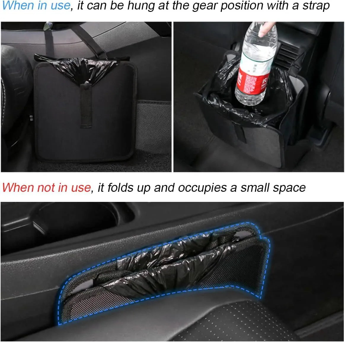 Black car folding trash can made from waterproof Oxford cloth, shown hanging