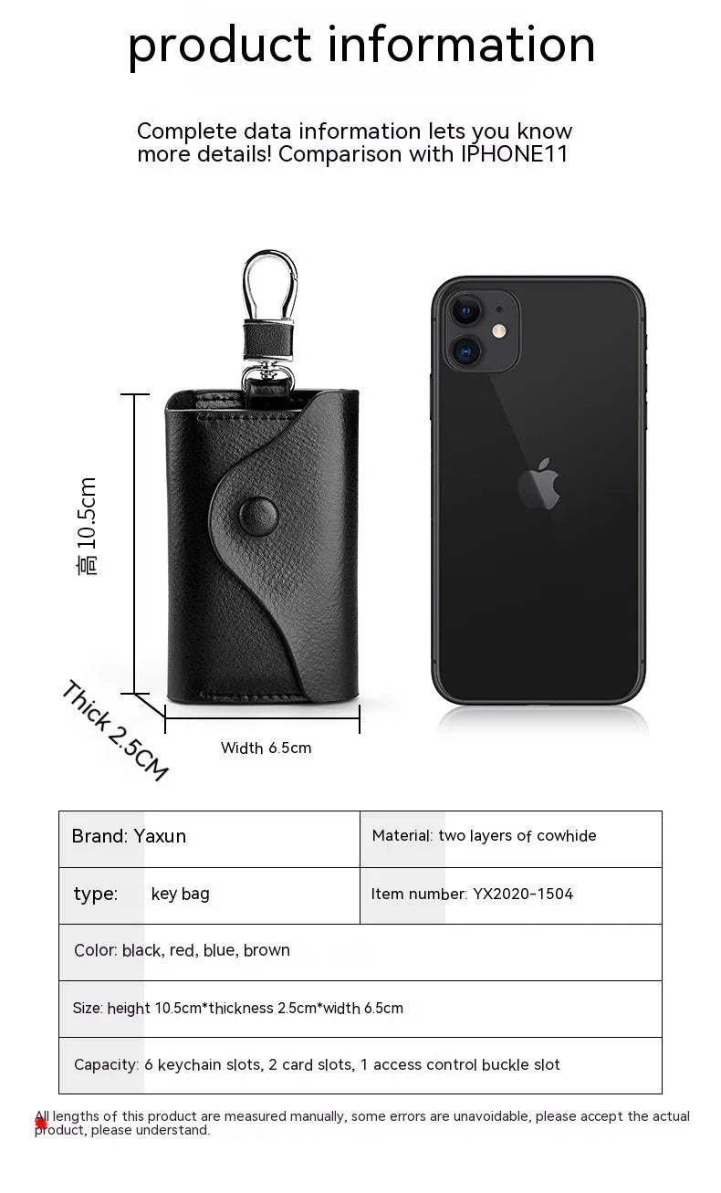 Genuine leather keychain card holder in a square vertical shape, shown in black with sequin details.