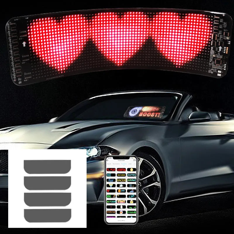 Flexible black LED screen for car rear windshield display with Bluetooth control.