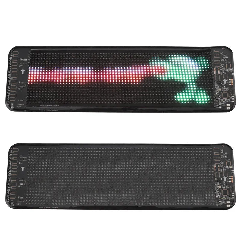 Flexible black LED screen for car rear windshield display with Bluetooth control.