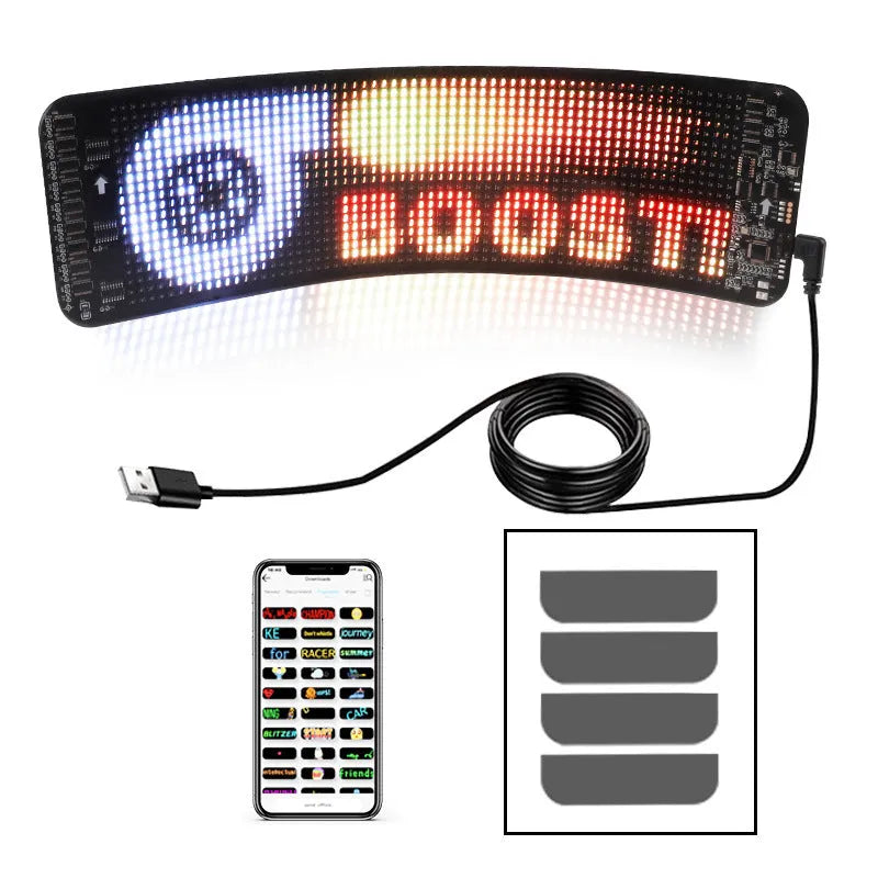 Flexible black LED screen for car rear windshield display with Bluetooth control.
