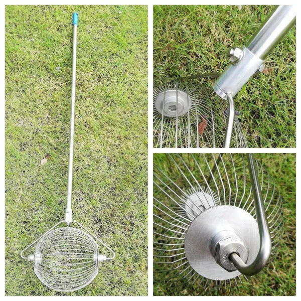 Metallic stainless steel golf ball picker on green grass