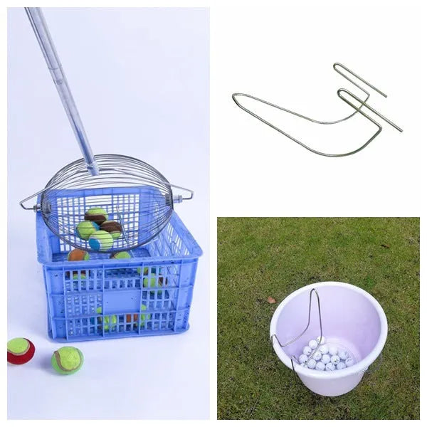 Metallic stainless steel golf ball picker on green grass