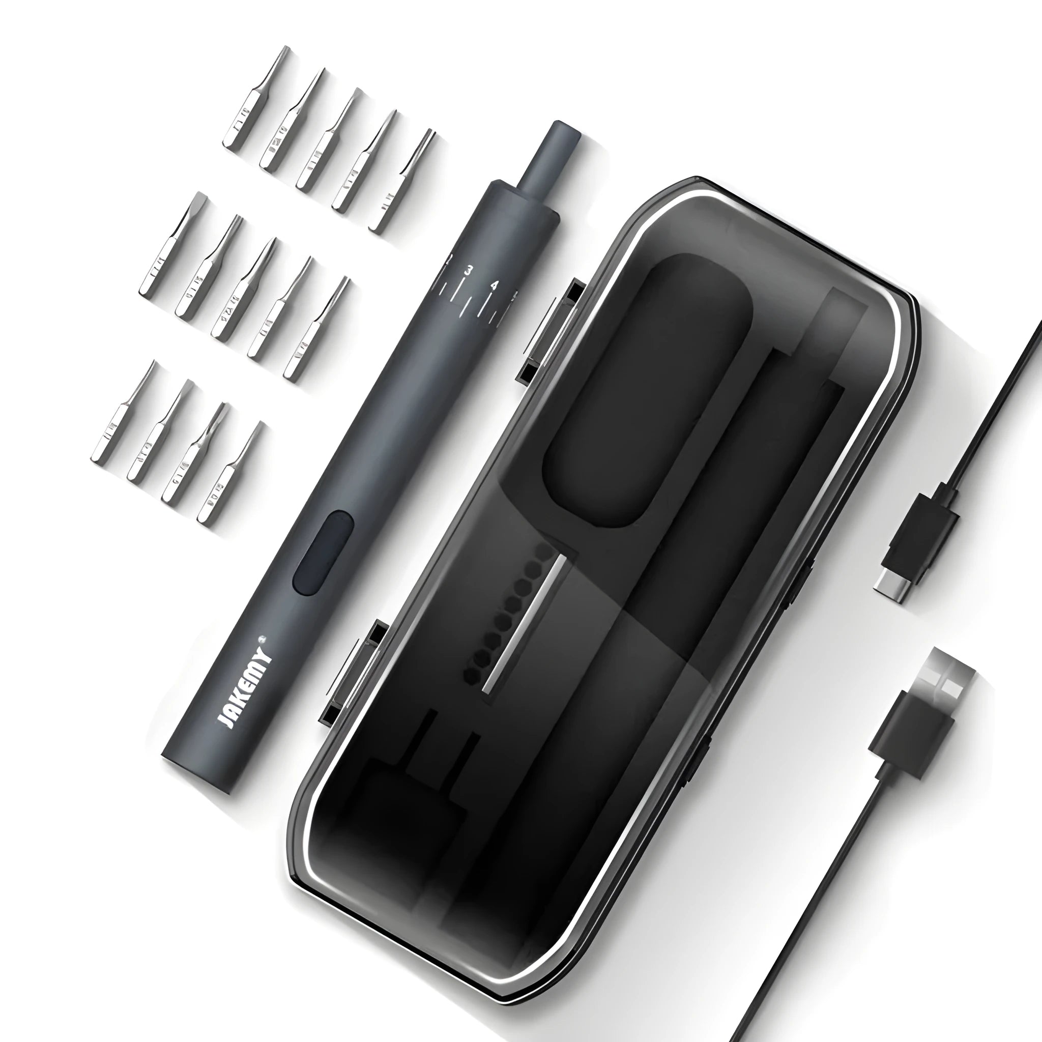 Black pen-type electric screwdriver with aluminium casing showing torque adjustment settings