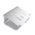 Aluminium alloy rotating laptop cooling bracket in silver or grey colour on a desk.