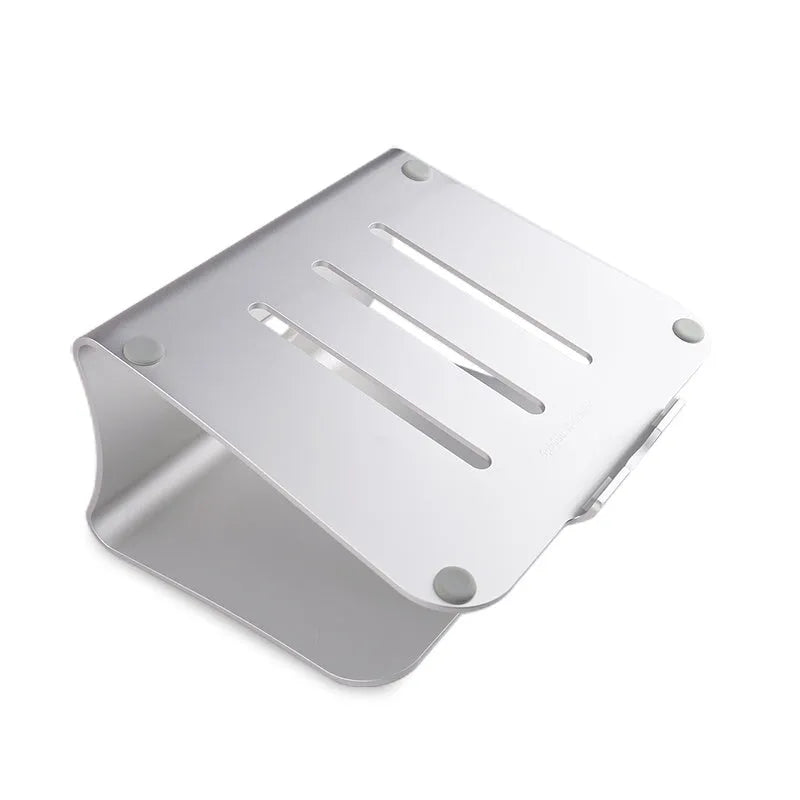Aluminium alloy rotating laptop cooling bracket in silver or grey colour on a desk.