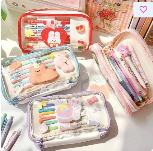 Transparent heart-shaped Japanese pen case with Korean style rabbit patterns in TPU material