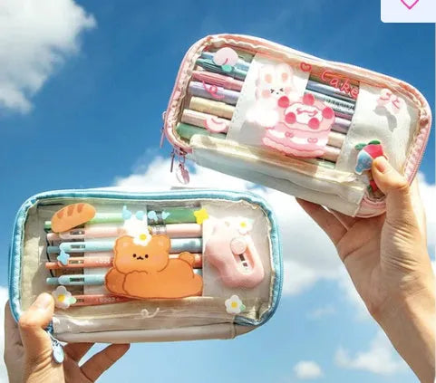 Transparent heart-shaped Japanese pen case with Korean style rabbit patterns in TPU material