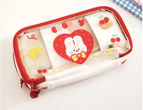 Transparent heart-shaped Japanese pen case with Korean style rabbit patterns in TPU material