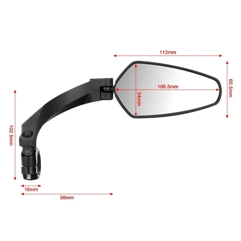 Black rotatable bicycle rearview mirror for handlebars, showing acrylic lens and mounting clamp.