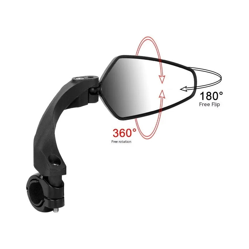 Black rotatable bicycle rearview mirror for handlebars, showing acrylic lens and mounting clamp.