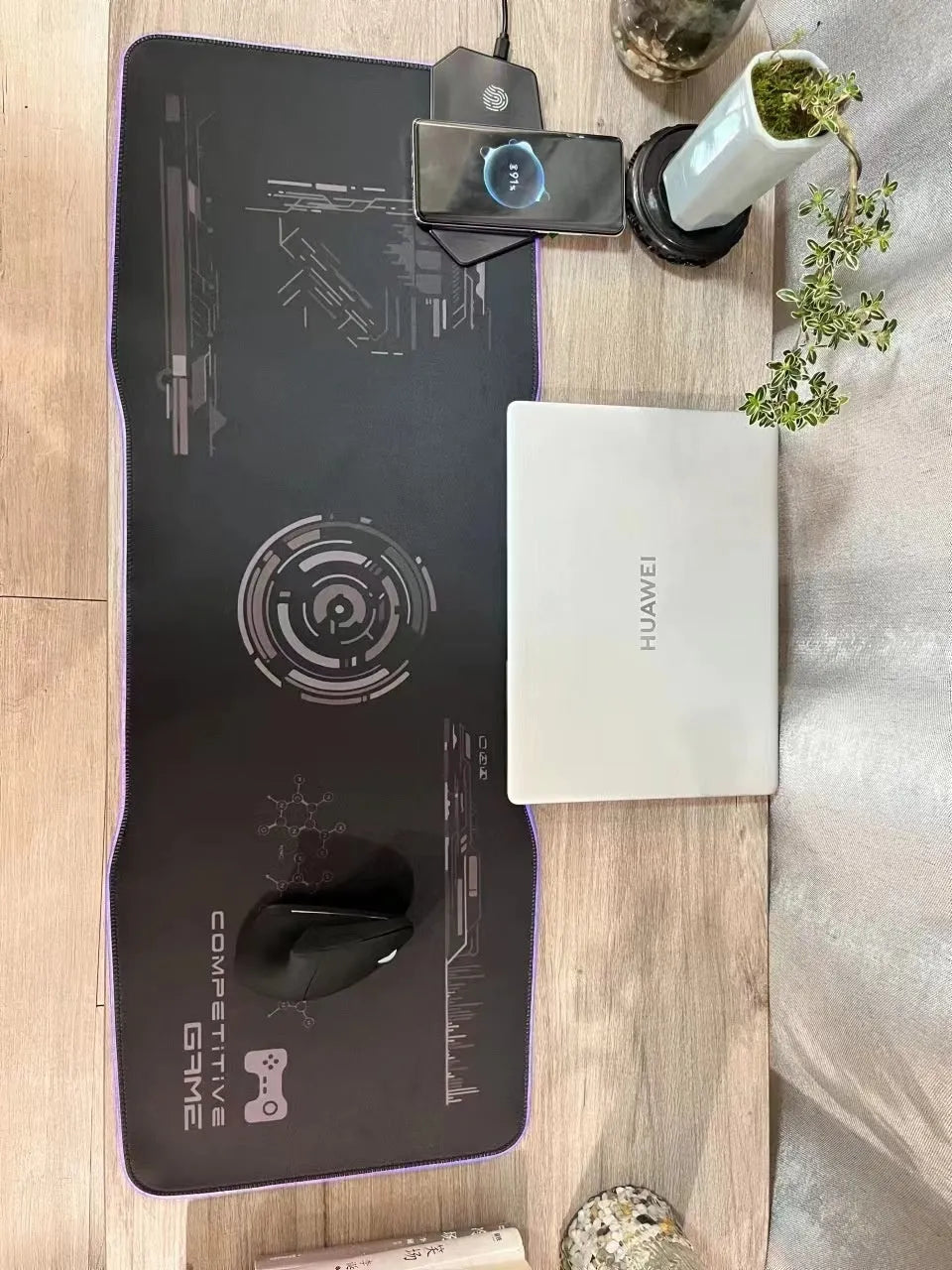Black mech-style gaming mouse mat with water-repellent surface and TYPC interface connector