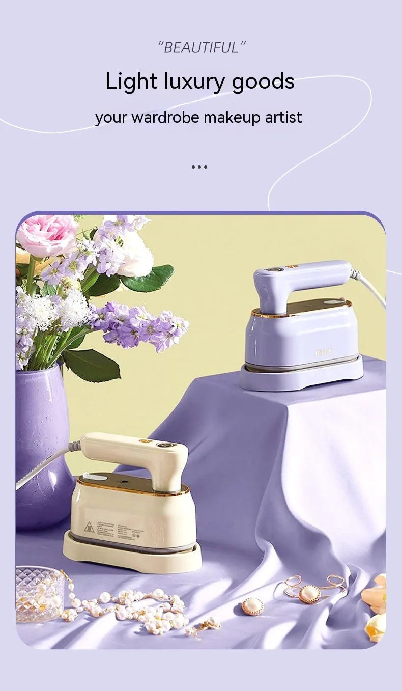 Light purple foldable travel iron with ceramic soleplate and mechanical controls for worldwide voltage use
