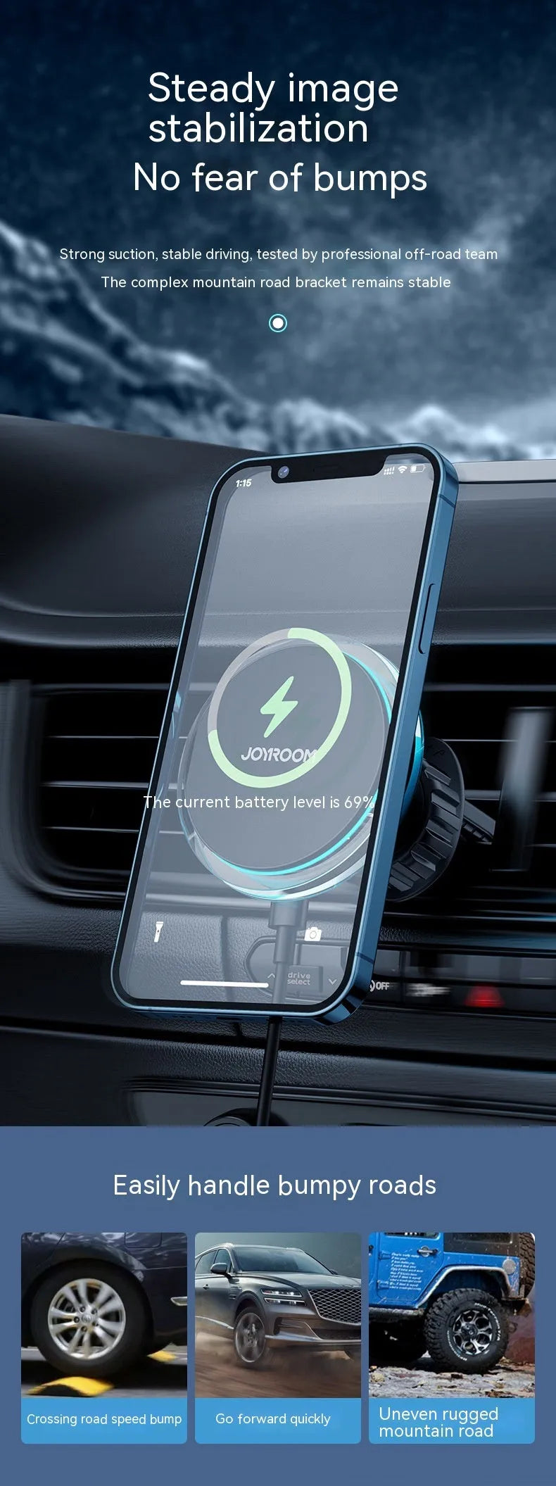 Black magnetic wireless charging phone mount attached to a car air vent.
