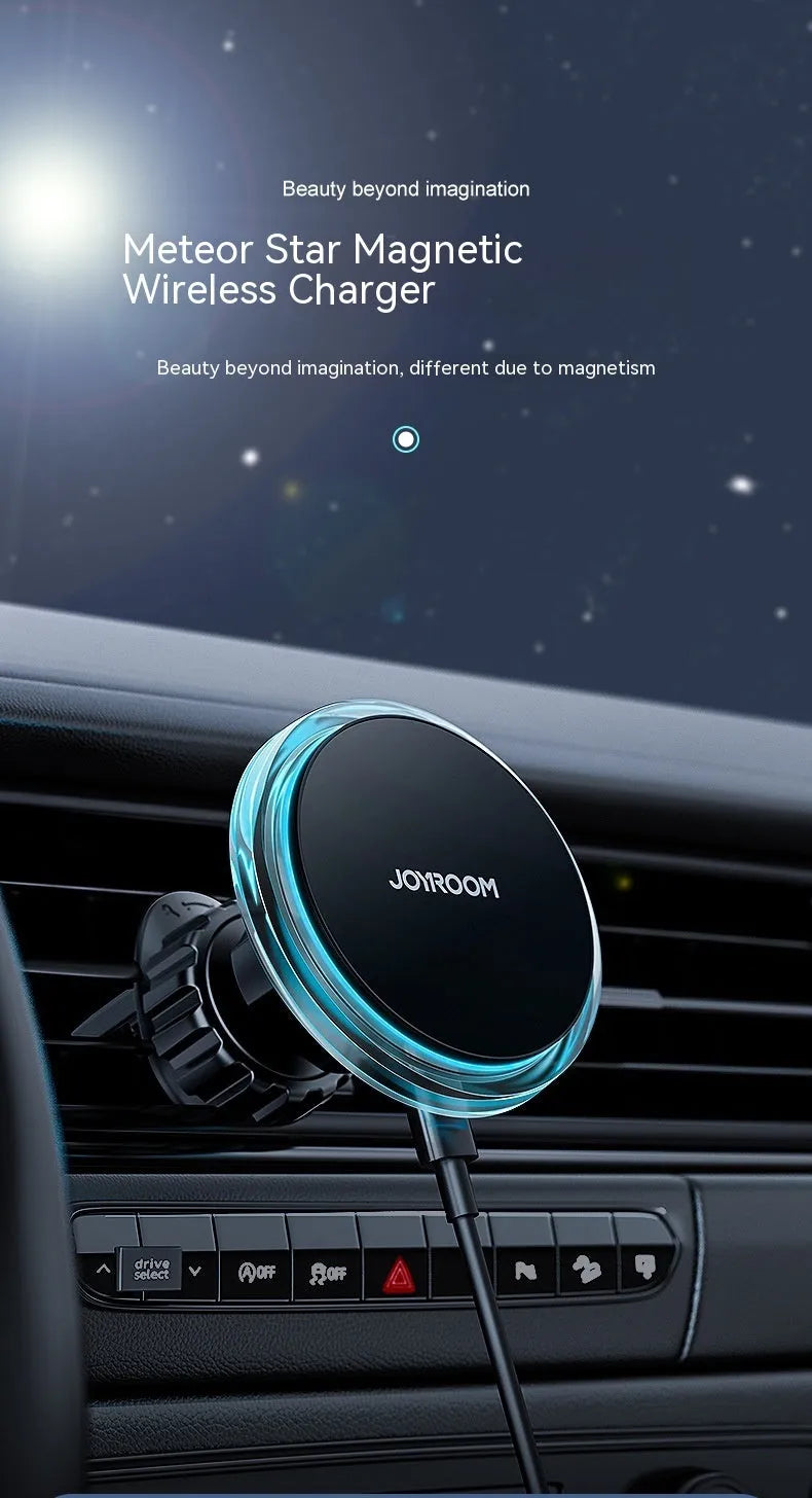 Black magnetic wireless charging phone mount attached to a car air vent.