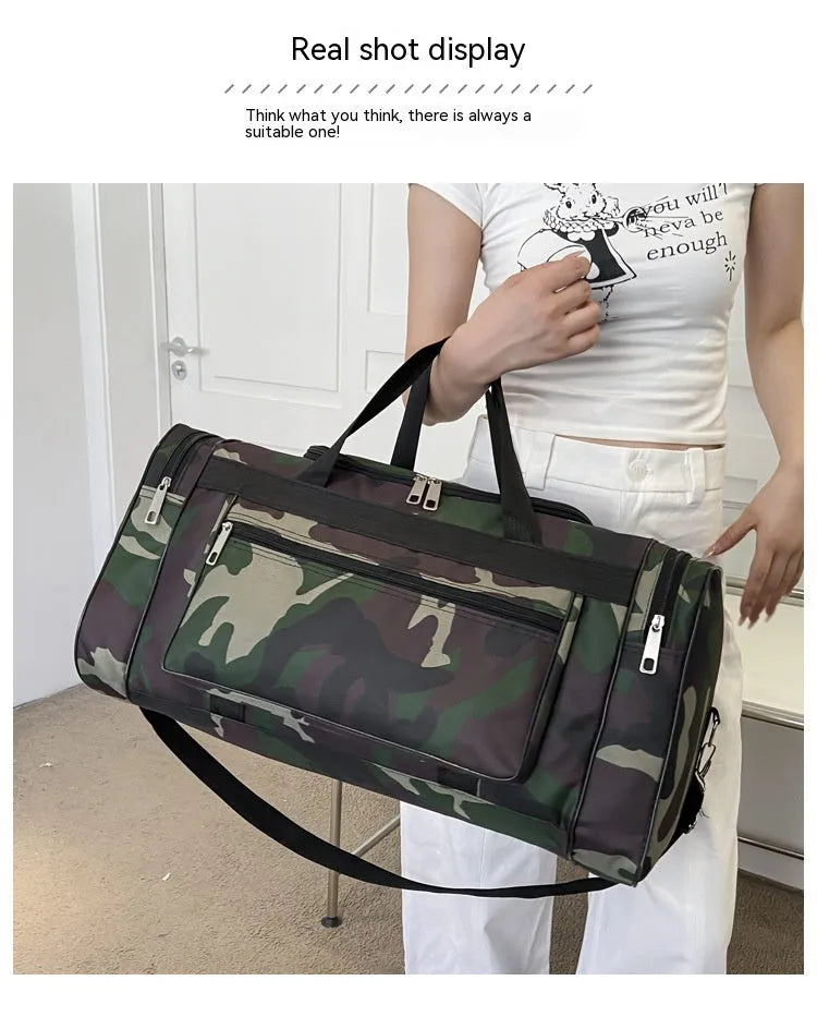Camouflage waterproof luggage bag with striped polyester lining showing 20L capacity