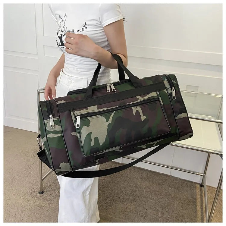 Camouflage waterproof luggage bag with striped polyester lining showing 20L capacity