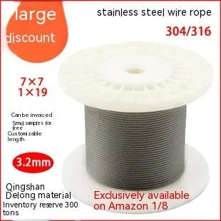 304 stainless steel coated security wire rope on a reel, showing its multi-strand construction and available thickness options.